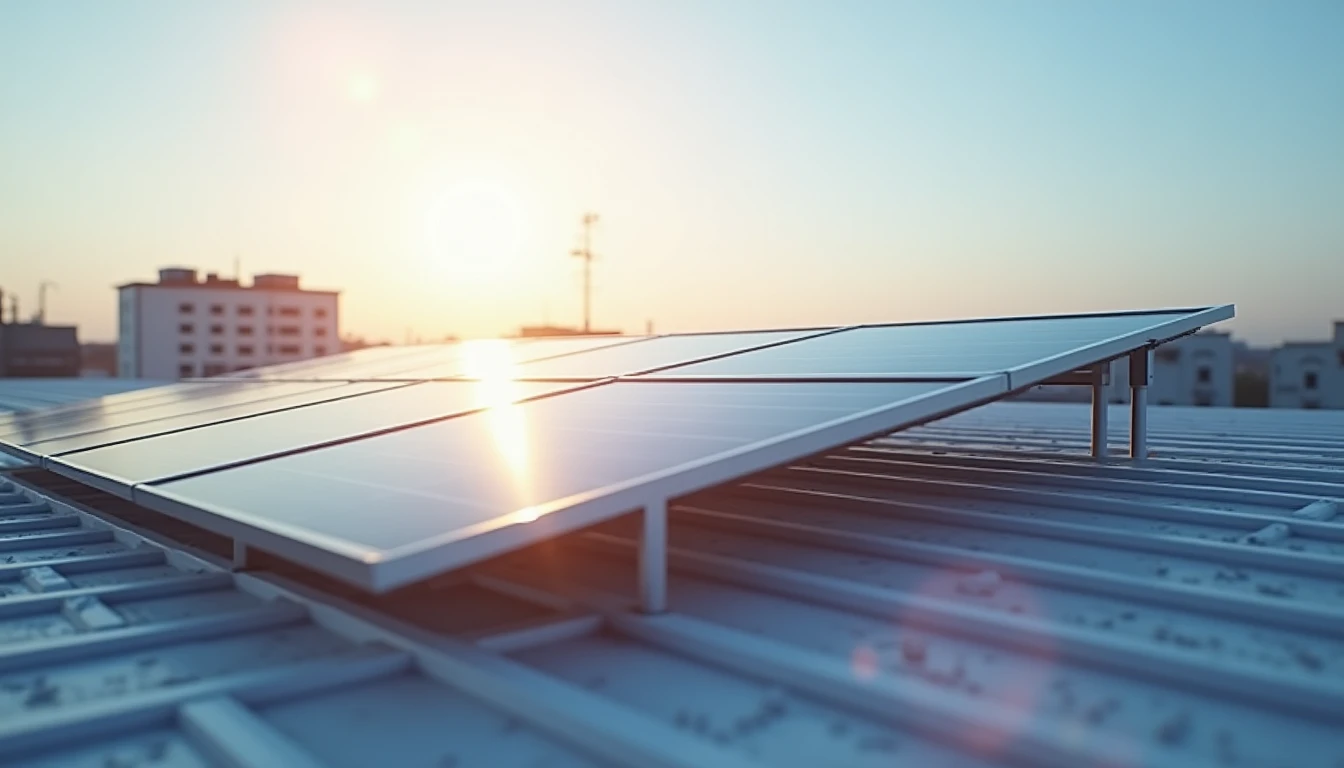 Bifacial solar panels capturing light from both sides, double-sided photovoltaic modules on flat roof