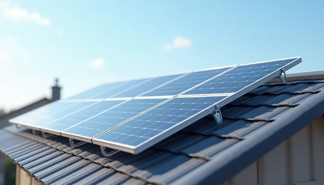 Solar panel mounting system on pitched roof, aluminum rails, hooks, installation structure